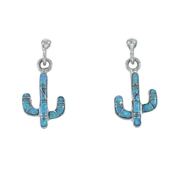 Sterling Silver Southwest Opal Cactus Inlay Post Dangle Earrings JX129971